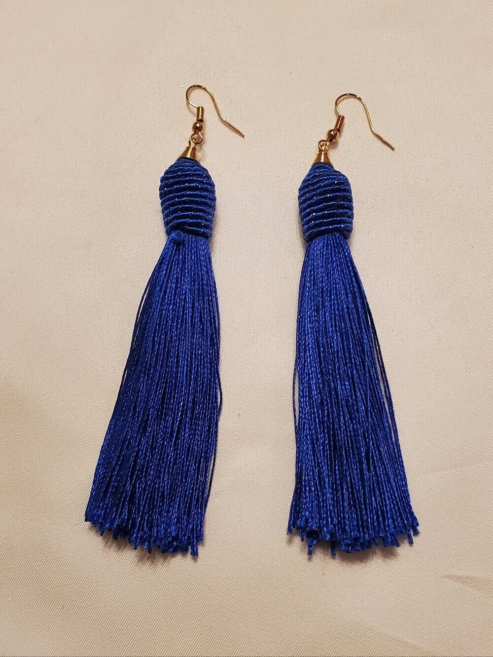 Royal Blue Tassel Fringe Drop Earrings | Gold Tone Boho Statement Earrings